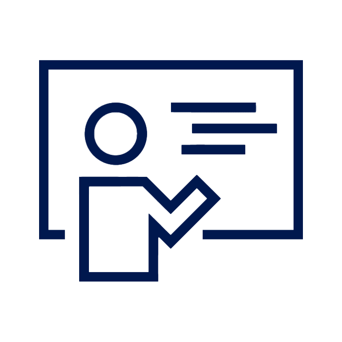 careers-icons-1 A dark blue icon of person writing on a blackboard