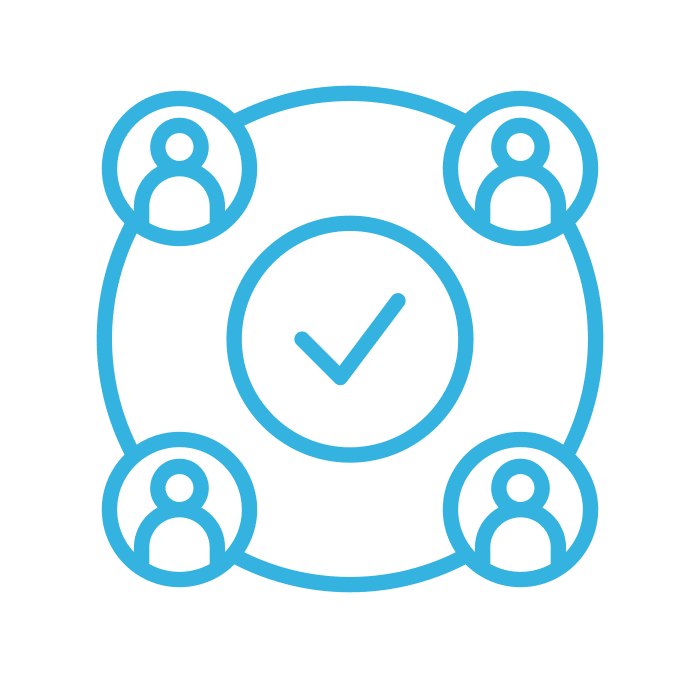 careers-icons-2-active A blue icon of a circle surrounded by diverse individuals, all focused on a central check mark symbolizing agreement or completion.