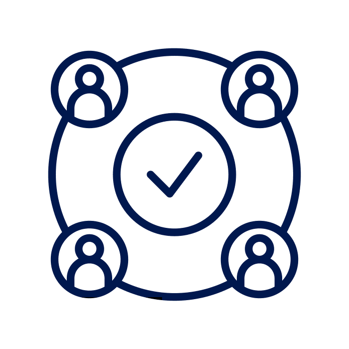 careers-icons-2 A dark blue icon of a circle surrounded by diverse individuals, all focused on a central check mark symbolizing agreement or completion.