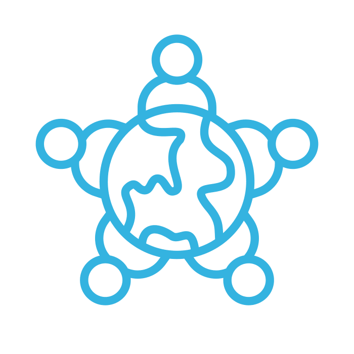 careers-icons-5-active A blue icon of five persons connecting in a world