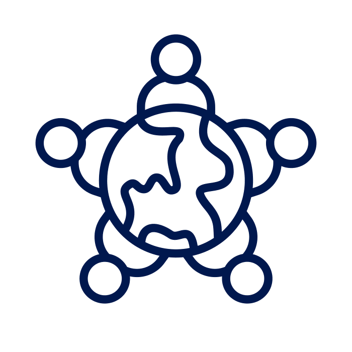 careers-icons-5 A dark blue icon of five persons connecting in a world